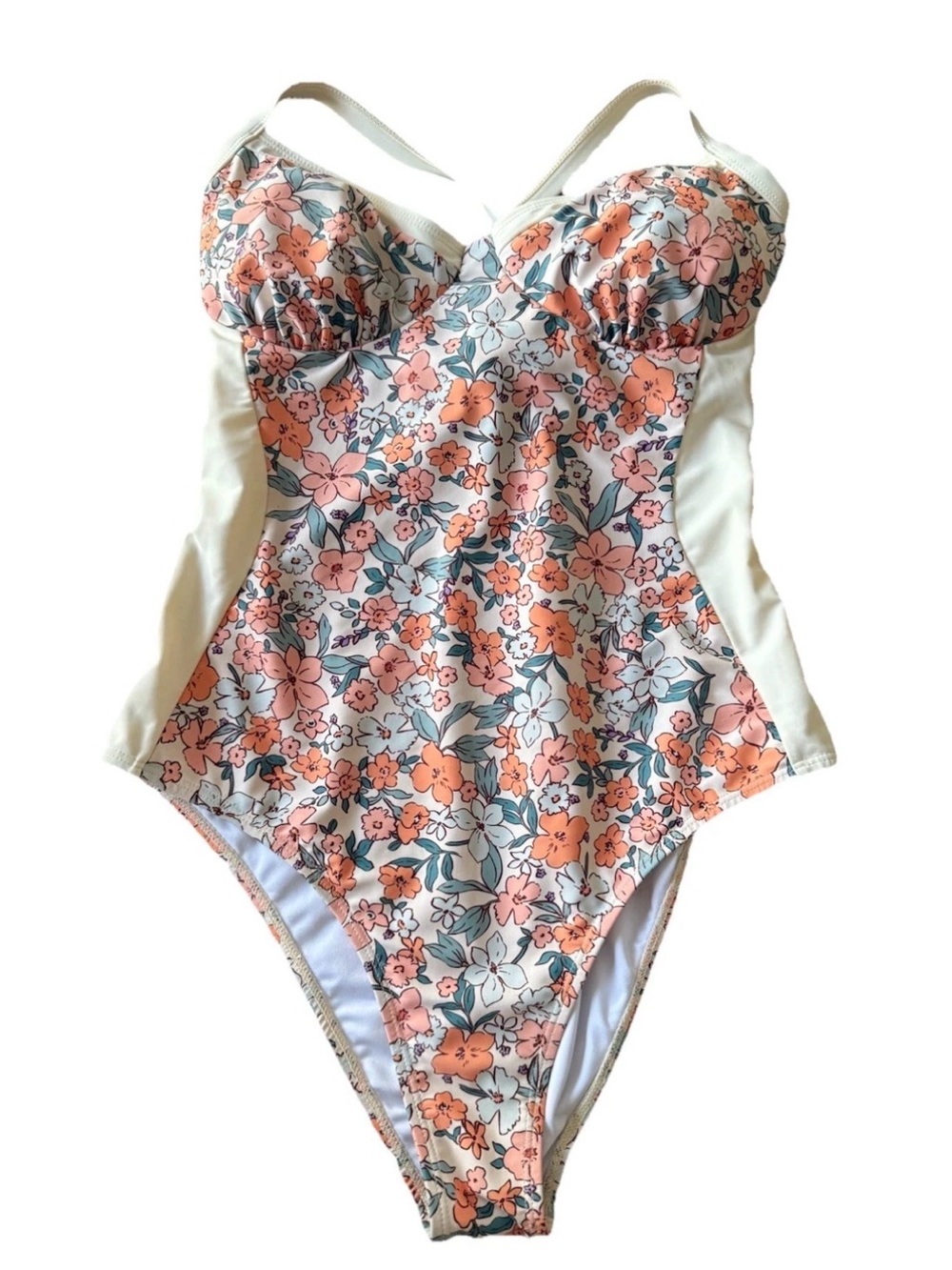 Daisy Floral Orange Pink Cream Criss Cross Corset Back One Piece Swimsuit SZ L